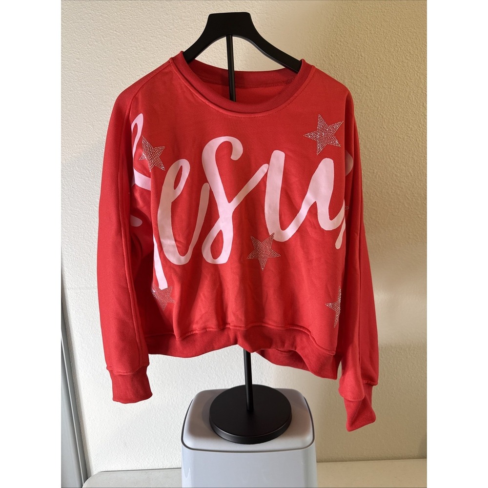 Women's‎ Religious "Jesus" Sweatshirt Red with Rhinestone Stars Size Large
